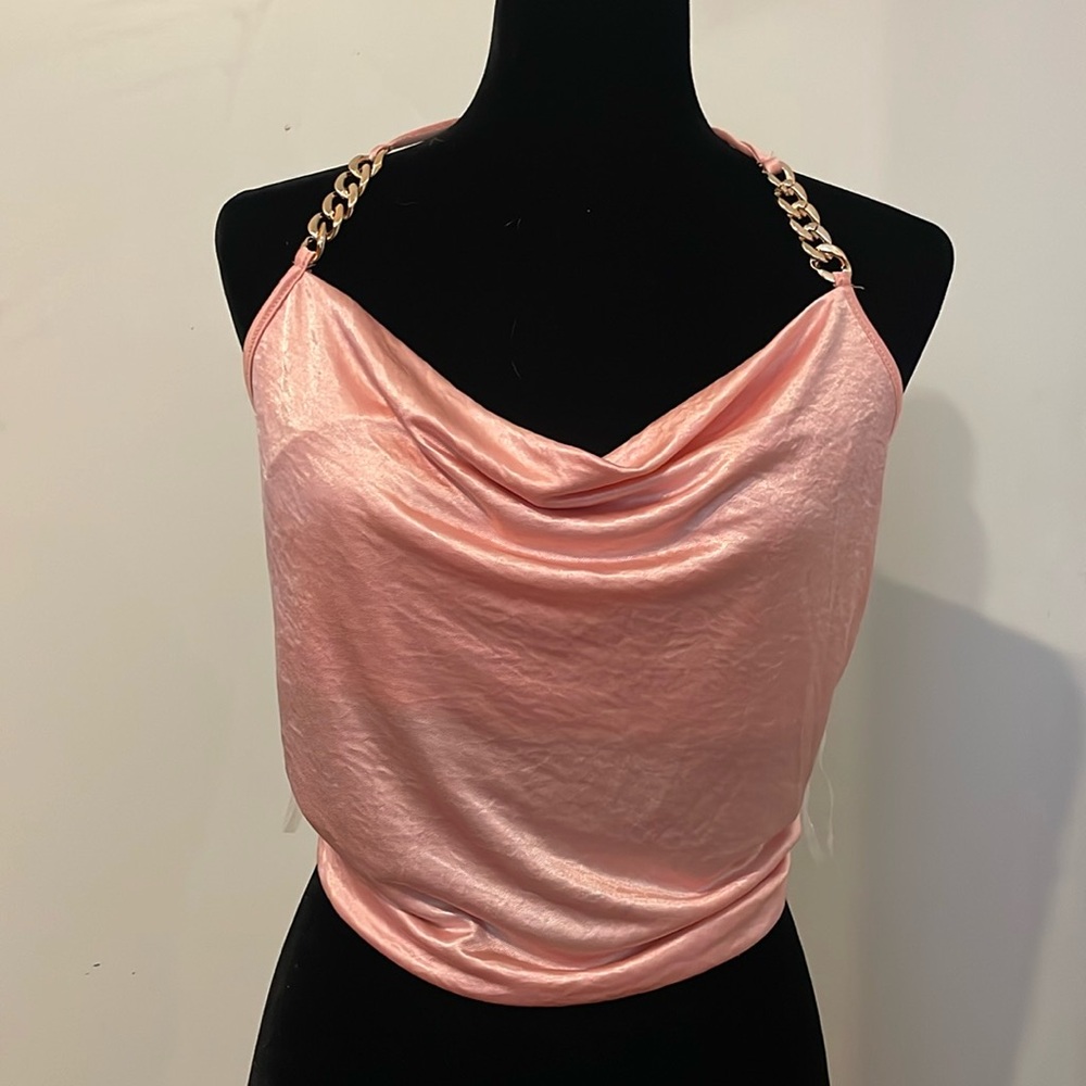 Love J Ruched Halterneck Backless Satin Cowl Neck Cami Top